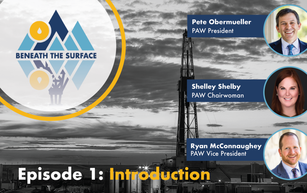 Beneath the Surface Episode 1 - Introduction with Logo in the Top left corner and headshots of the three speakers down the right side: Pete Obermueller, PAW President; Shelley Shelby, PAW Chairwoman and Ryan McConnaughey, PAW Vice President