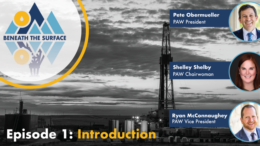 Beneath the Surface Episode 1 - Introduction with Logo in the Top left corner and headshots of the three speakers down the right side: Pete Obermueller, PAW President; Shelley Shelby, PAW Chairwoman and Ryan McConnaughey, PAW Vice President